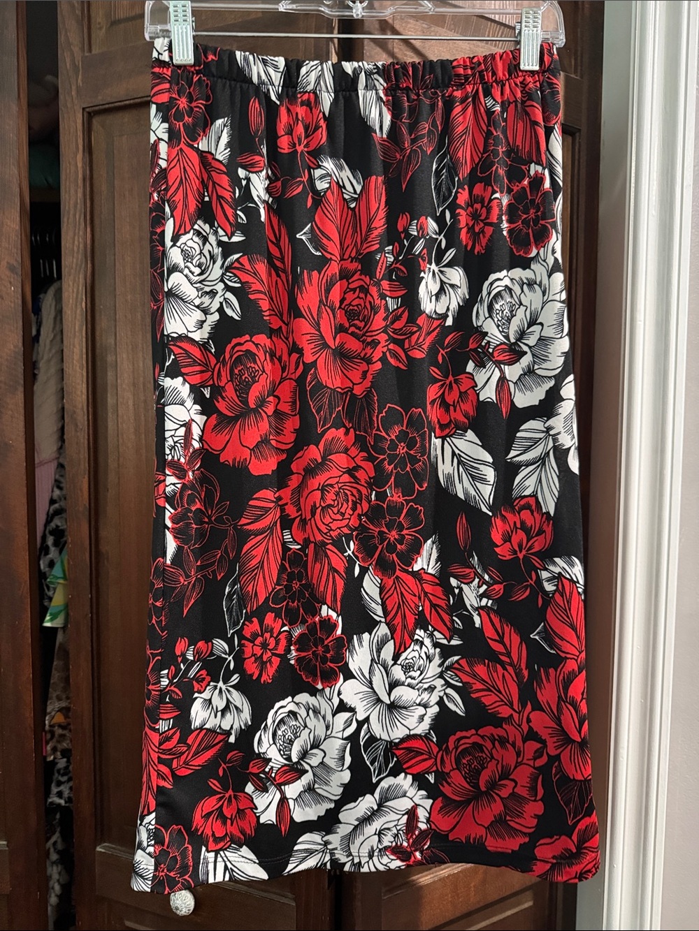 Zadie B’s Black Floral Midi Skirt with Red & White Blooms